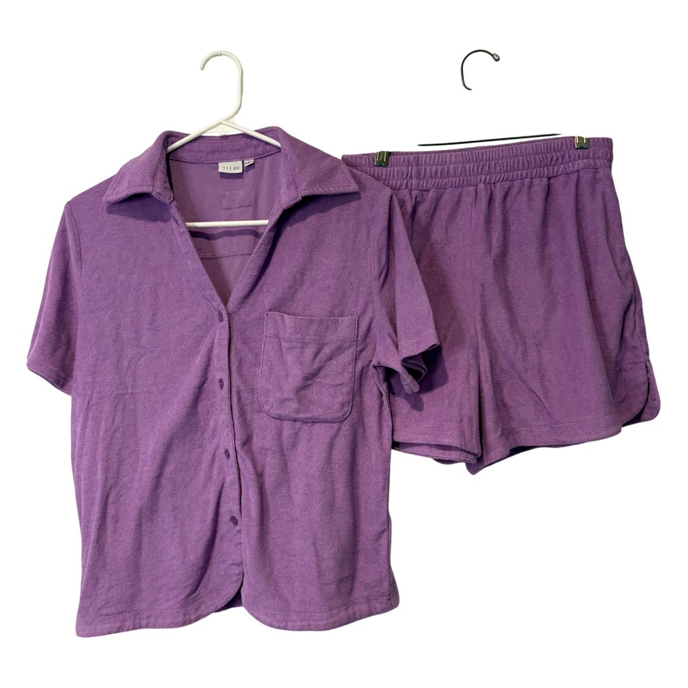 21|49 Terry Cloth Lounge Set Womens S Purple Button Down Shirt and Shorts Resort